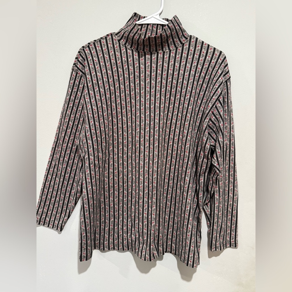 Vintage Carrol reed blouse Chic Black red and White Striped Women's Turtleneck